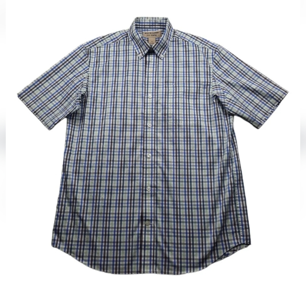 Duluth Trading Wrinkle Fighter Mens M Relaxed Fit Short Sleeve Button Down Shirt